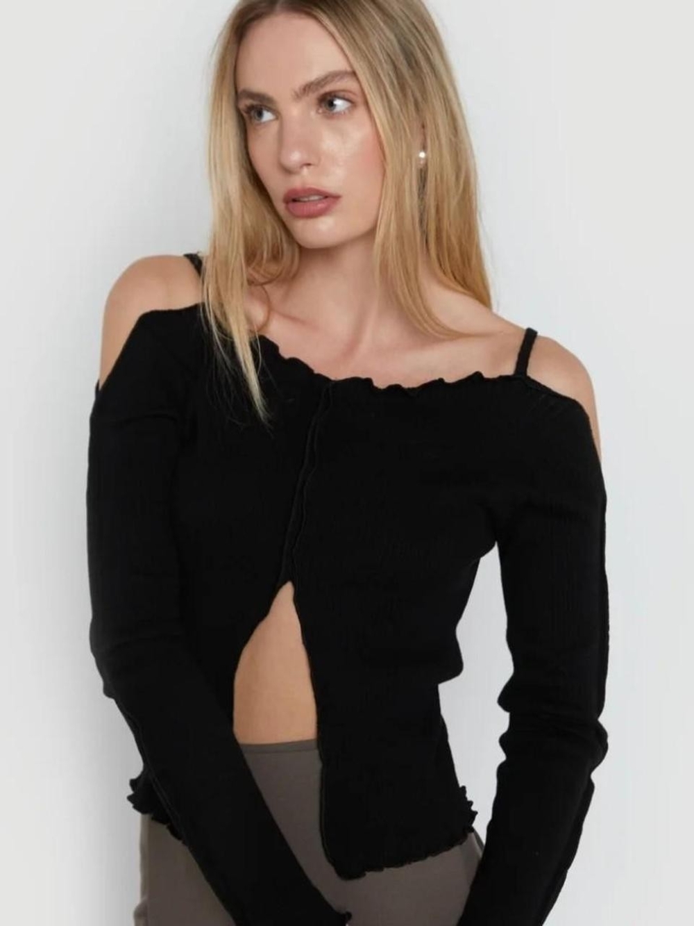 OAK + FORT Black Off-the-Shoulder Ribbed Knit Sweater
